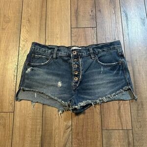 Free People Jean Shorts Women's Size 28 Dark Wash Button Fly Distressed‎
